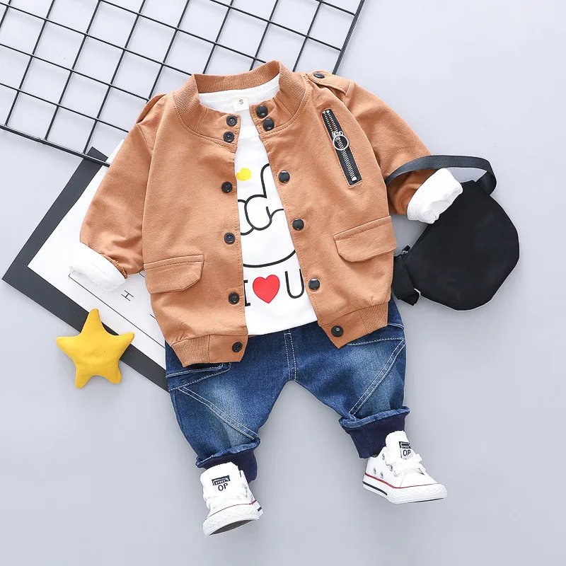 Новое пальто для маленьких мальчиков рубашка с длинными рукавами и джинсы комплект детской одежды из 3 предметов для мальчиков, модная одежда для малышей с надписью «Love» - Цвет: brown