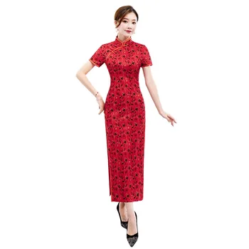 

Shanghai Story 2019 New Sale Short sleeve Long cheongsam Lace Qipao chinese dress Oriental Dress Party Dresses For women