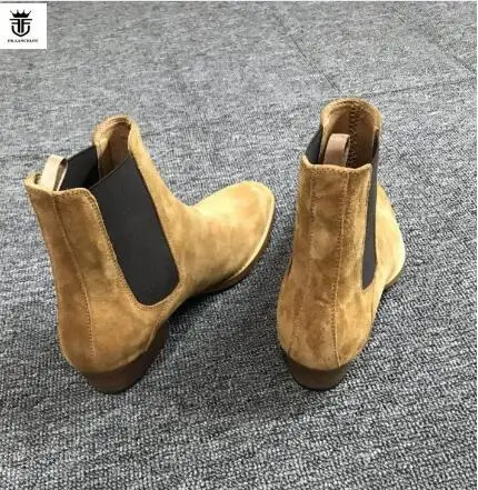 Brand High Quality Handmade Slip On Cow Suede Men Chelsea Boots New Leisure Luxury Wedge Boots Shoes Mens
