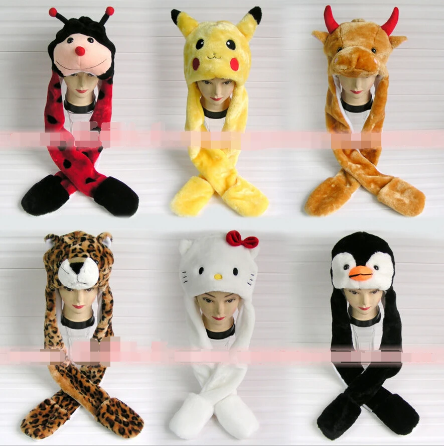

2015 New winter hat cartoon character animal cap ear protector plush beanies with long Scarf and Gloves set for women men child