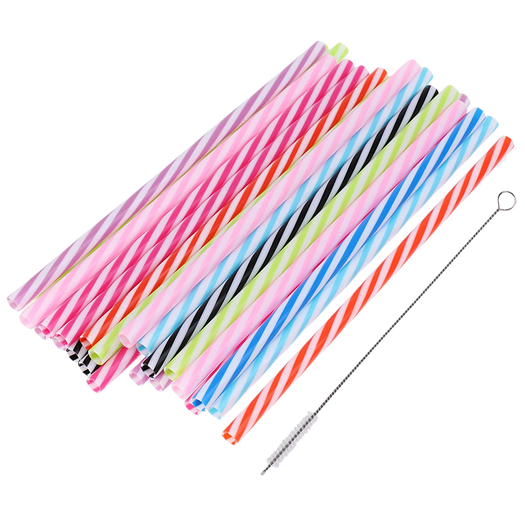25x Reusable Hard Plastic Stripe Jar Straws + 1x Brush Cocktail Drinking Bar