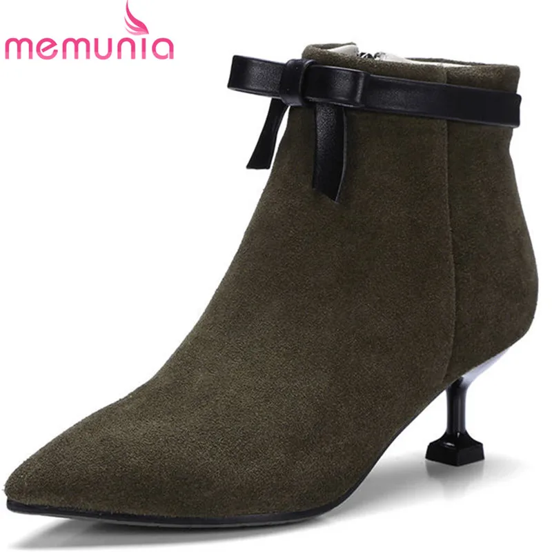 Goedkoop MEMUNIA 2018 nieuwe mode vrouwelijke schoenen koe su egrave;de enkellaarsjes eenvoudige rits zoete strik sexy hoge hakken laarzen zwart