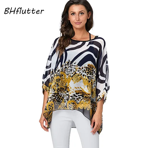 BHflutter 4XL 5XL 6XL размера плюс блузка женская шикарная Цветочная Печать шифон сексуальные блузки с открытыми плечами летние топы туника - Цвет: picture color