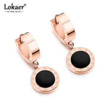Lokaer черные односторонние римские цифры простые круглые серьги из титановой стали цвета розового золота женские серьги-кольца E18114