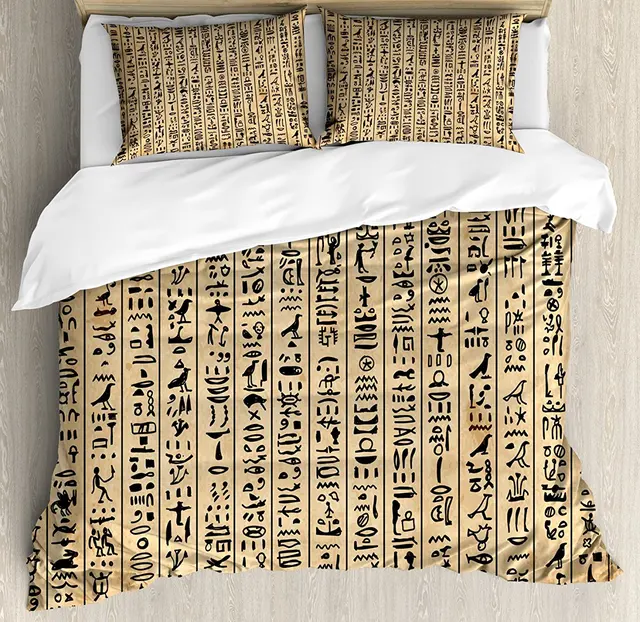 Egyptian Duvet Cover Set , Ancient Hieroglyphs Grunge Pattern on