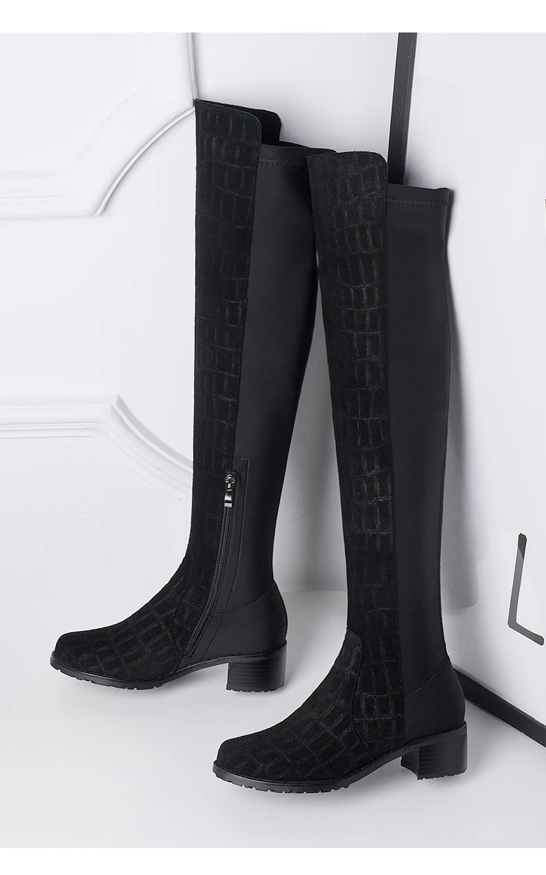 Universe/женские сапоги до колена из эластичной ткани, зимние сапоги на среднем каблуке, короткие сапоги до бедра с плюшевой подкладкой, G406