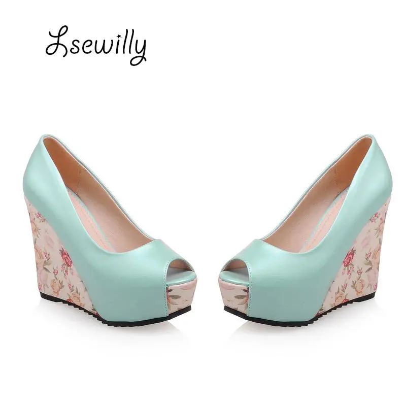 

Lsewilly 2017 Spring Print Platform Design Woman Shoes Sweet Leisure Fashion Peep Toe Super High Wedges Heel Women Pumps ty042