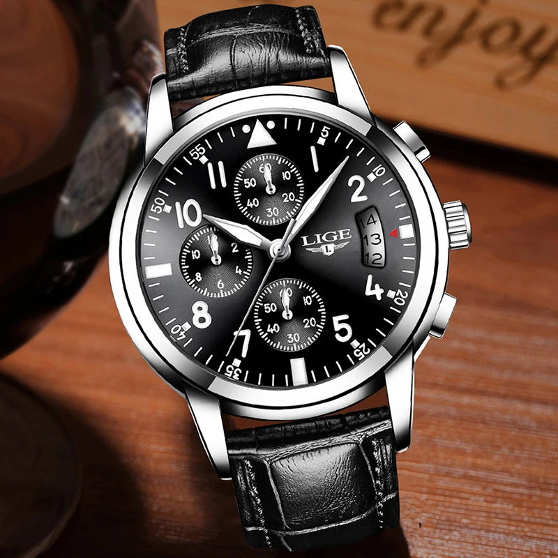 LIGE Men Casual Leather Business Clock Mens Watches Top Luxury Quartz Wrist Watch Men Sport Waterproof Chronograph Montre Homme