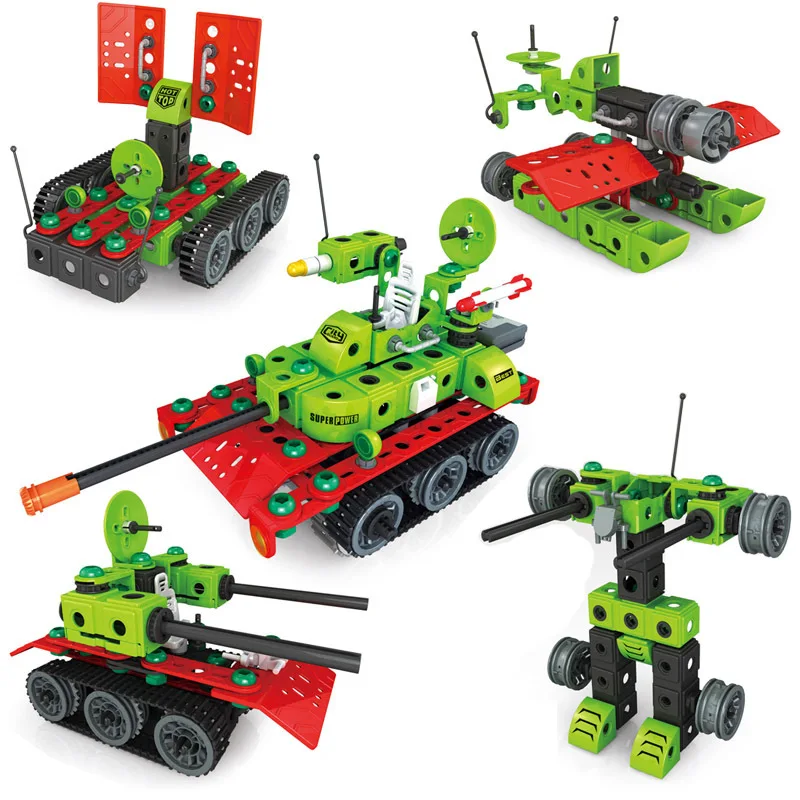 

Creative Electric Military Tank Building Block 301Pcs 5in1 Deformation Bricks Model Children Educational DIY Screw Group Toys