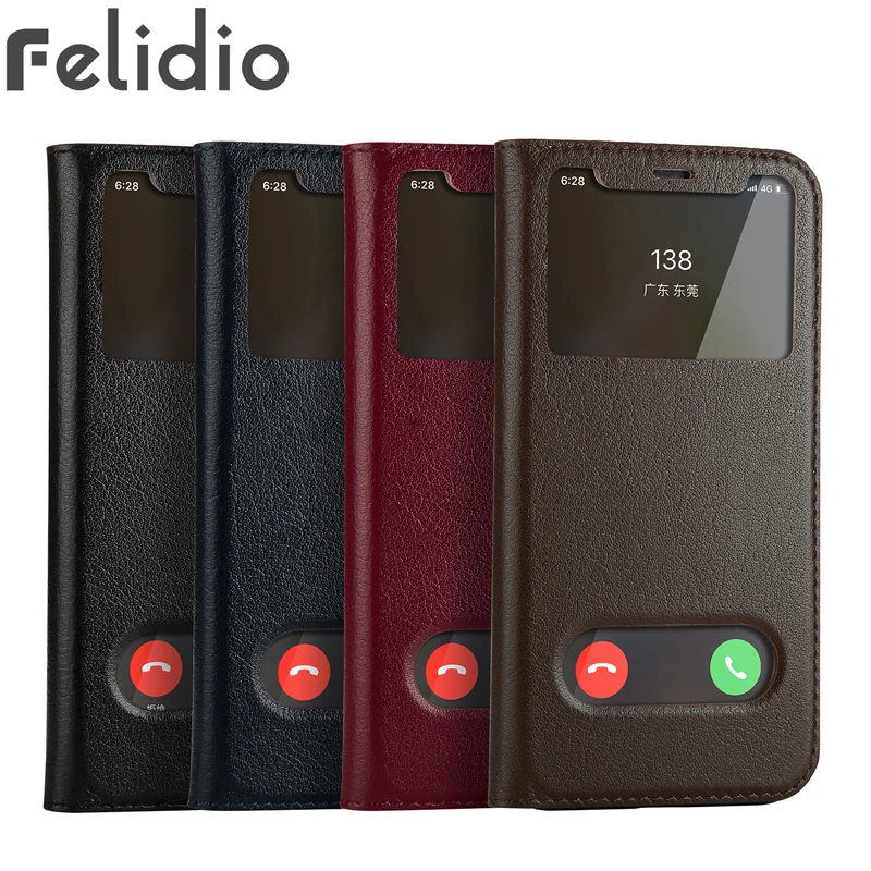 

Cell Phone Case for iPhone Xs X Genuine Leather Flip Wallet Cover Case for iPhone 7 8 Plus Smart Window Magnetic Folio Bags