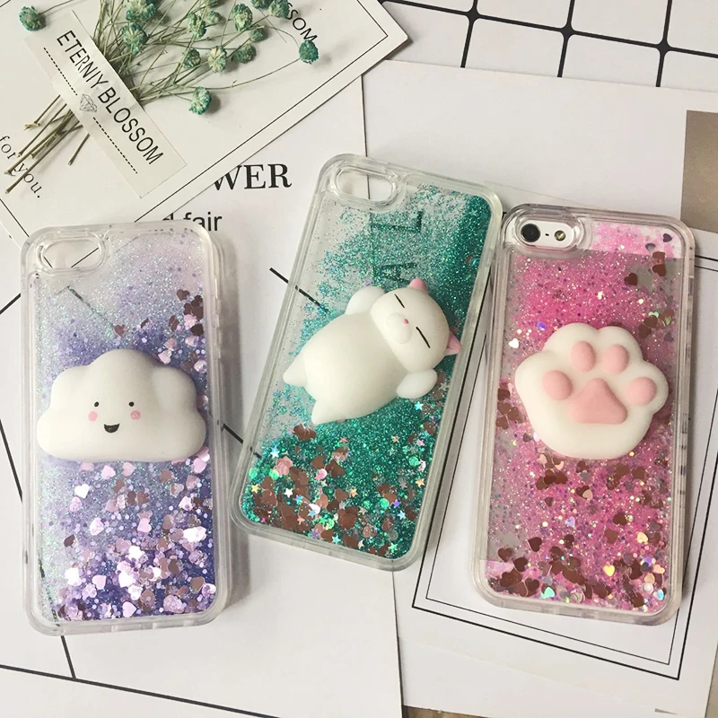 3D Cartoon Squishy Cat Quicksand Case For iPhone 5 s SE Case For iPhone 6 6s 7 8 Plus X Case Glitter Liquid Back Cover Case (1)