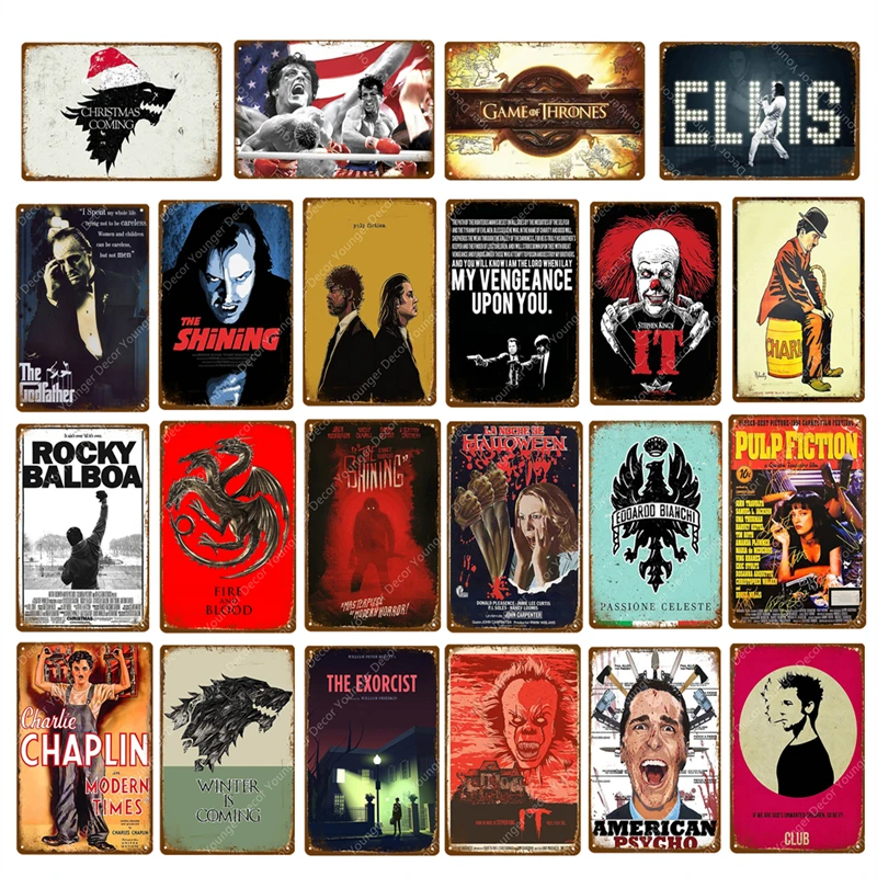 

Movie Poster Film Star Chaplin Rocky Shining Elvis Game Of Thrones Pulp Fiction Club Wall Decor Tin Signs Vintage Metal Plaque