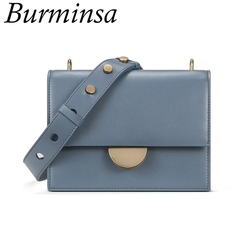 

Burminsa Fancy Small Lock Flap Women Genuine Leather Bags Studded Wide Strap Designer Ladies Shoulder Messenger Bags Summer 2019