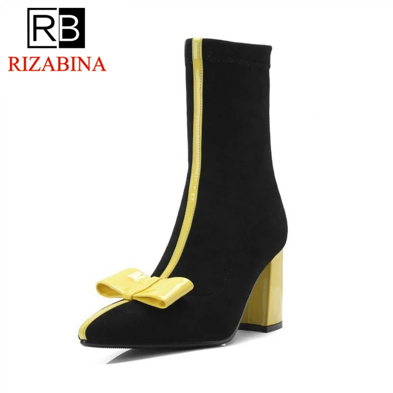 

RIZABINA Fashion Women High Heel Boots Bowknot Mixed Color Shoes Women Mid Calf Sock Boots Warm Fur Winter Shoes Size 32-42