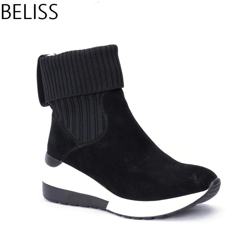 BELISS 2018 new design fashion ankle boots for women sneaker boots women wedges genuine leather pointed toe spring autumn BWG026 Women's Shoes
