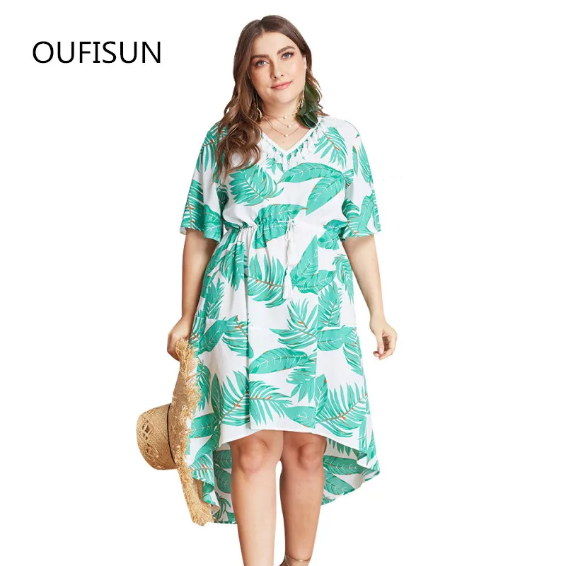 

Oufisun Summer Large Women Dress Casual Loose Leaves Print Vacation Beach Dress Irregular Summer Large Size Sundress Vestidos