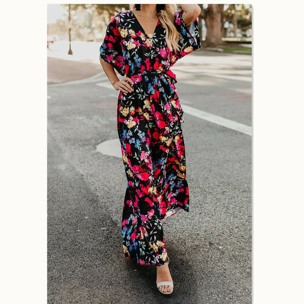 

Summer Women BOHO Print Dresses 2019 New Women Summer Casual Half Sleeve V-Neck Boho Floral Long Loose Dress