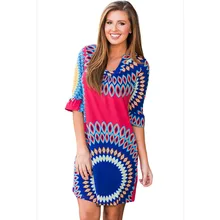 Женское малиновое яркое солнечное бохо платье с модным винтажным принтом, полурасклешенными рукавами, v-образным вырезом, мини-платья LC220124