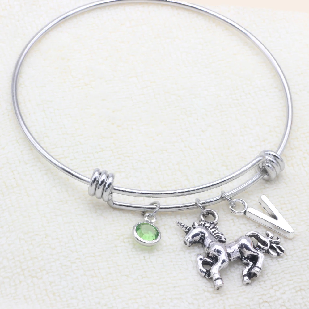 

Unicornio Bangle Magical Licorne Women Bracelet Jewelry Birthstone Custom Initial A to Z Bangle adjustable Drop Shipping YP0070
