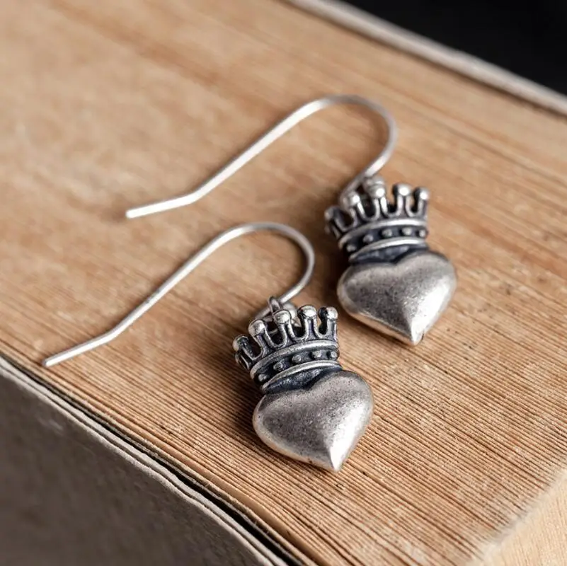 

Zavorohin New Arrival 100% Real 925 Sterling Silver Vintage Heart And Crown Drop Earrings Allergy Free Dangle Earring Jewelry