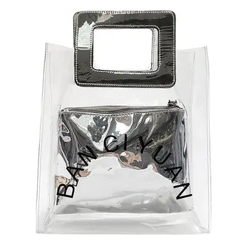 

Fashion Women Transparent PVC Handbag Summer Sweet Lady Jelly Clear Beach Bag Tote Bag Silver