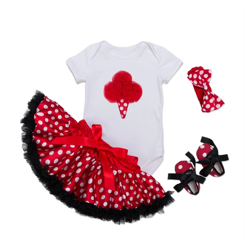 

Newest Baby Girl Princess Clothes Short Sleeve Cake Bodysuits Dot Tutu Skirts Headband Shoes 4pcs Clothes Set Birthday Outfit