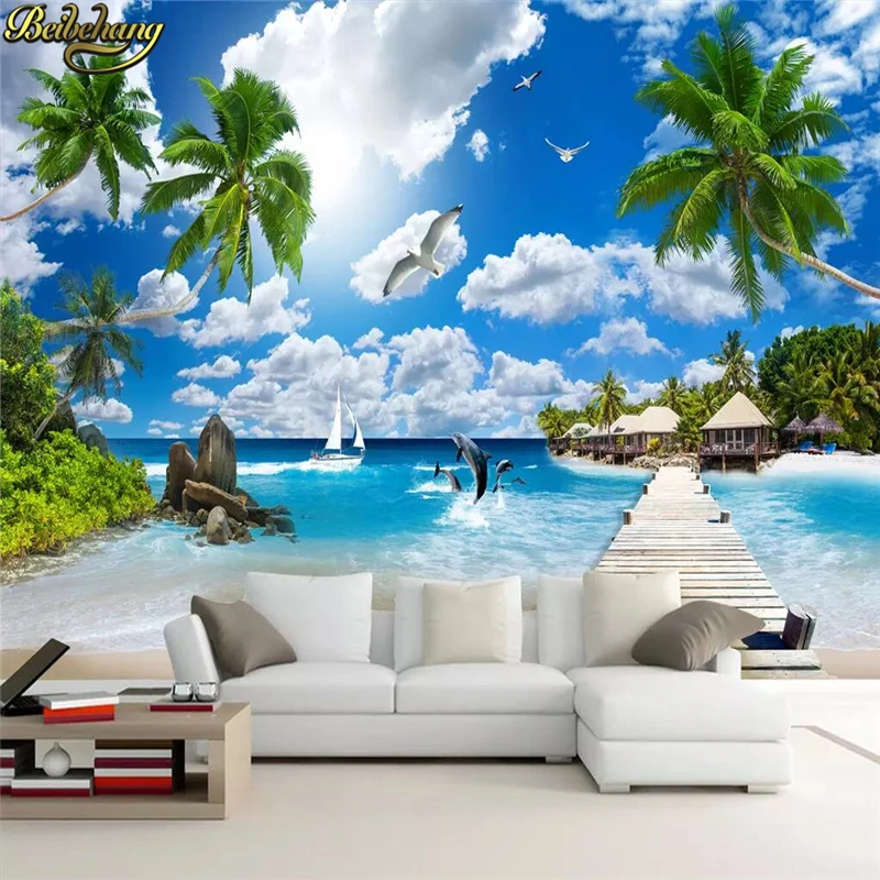 

beibehang Custom Seascape landscape coconut palm photo mural wallpapers for living room photo wallpaper for walls 3 d Blue sky