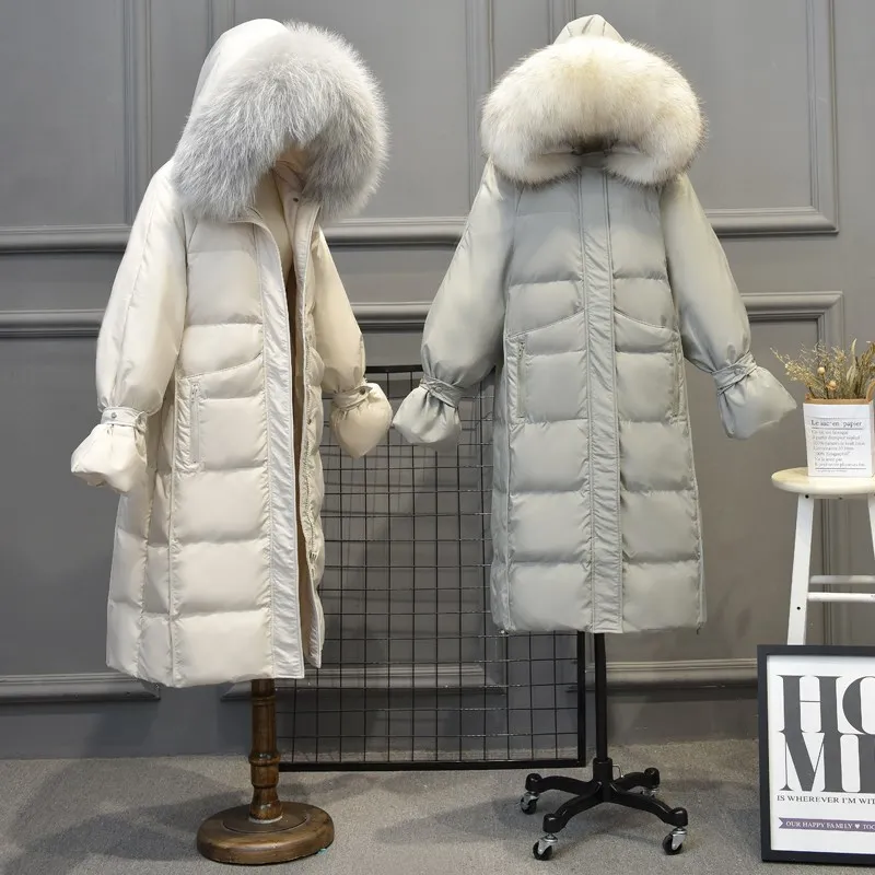 Kopen Echte Wasbeer Bontkraag 2019 Vrouwen Winter Jas Witte Eend Donsjack Dikke Lange Jas Vrouwelijke Hooded Parka Plus size 4XL
