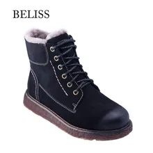 BELISS ankle boots women genuine leather casual warm fur comfortable lace up flats warm winter boot for women handmade B41