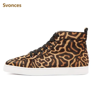 

Unisex Casual Sneakers Luxury Designer Leopard Horsehair High Top Bottom Boots Flat Platform Fashion Lace-up Brand Shoes Men