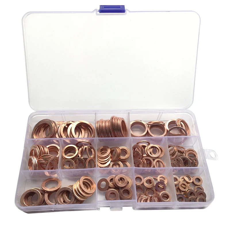 

280pcs/Box M5-M20 Solid Ring Sump Plug Oil Seal Metal Washer Plain Gasket Screws Fastener Assortment Copper Flat Washer