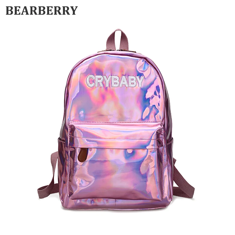 BEARBERRY 2017 Soft PU Leather Backpack Harajuku Embroidery Letters Laser Backpack School Bags For girls large