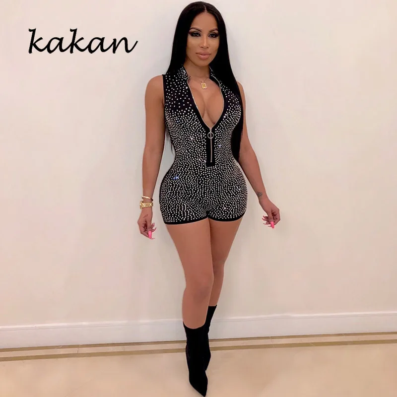 

Kakan best selling women's tight jumpsuit summer sexy hot drilling jumpsuit shorts zipper blue black jumpsuit