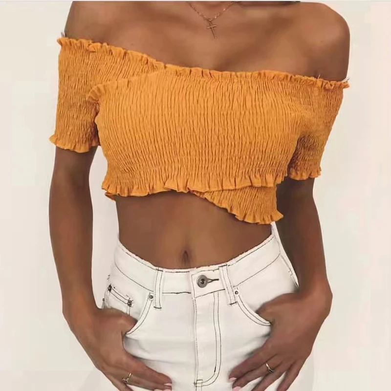 

French Style Elastic Women Slash Neck Short Sleeve T-shirt Solid Off Shoulder Cross Women Sexy Slim Solid Crop Top Tee