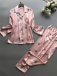 2019 новые женские атласное с длинными рукавами пижамы Пижамный костюм отложным воротником платье рубашка с воротником + брюки 2 шт пижамы