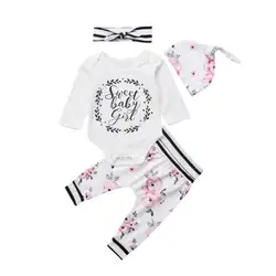 4 шт. новорожденных для маленьких девочек цветок в полоску с длинными рукавами хлопковые топы Боди Длинные брюки шляпа, наряды одежда