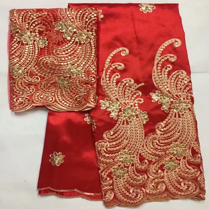 

Nigerian George Lace Red Color Embroidery Silk Lace Fabric For African Dress Gold Beaded Stones George India For Wedding ZGL15-1