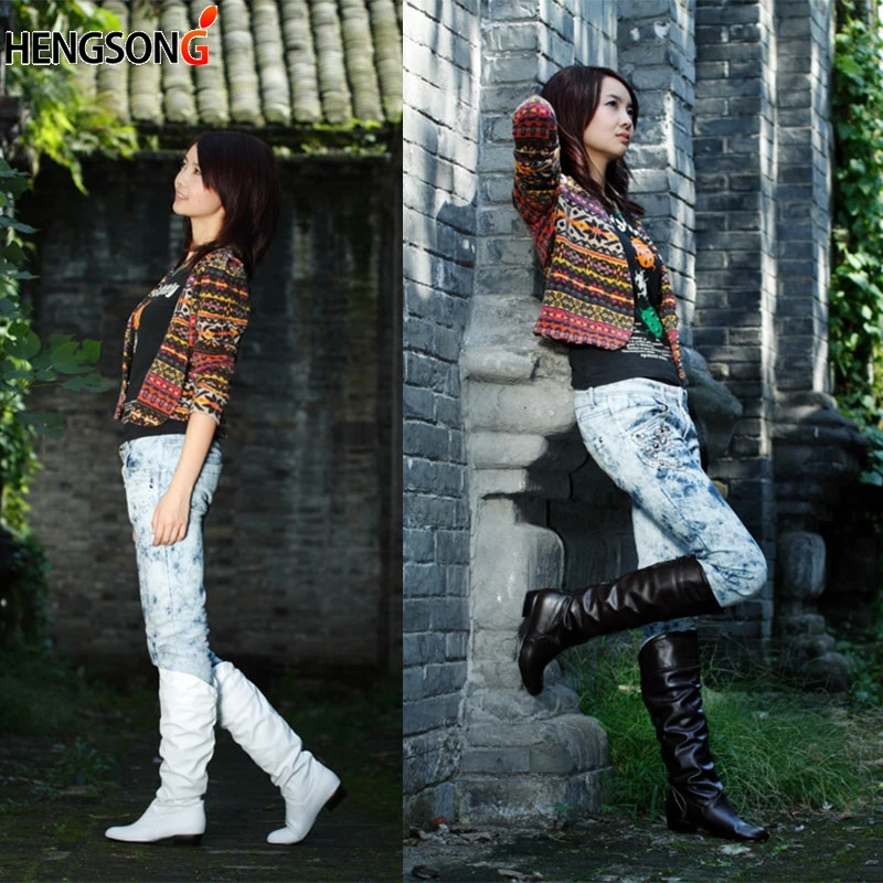 

Fashion Women Boots 2018 Spring Boots Botas Female Stretch PU Leather Boots Shoes Woman Black White Roma Knee-Length Boots