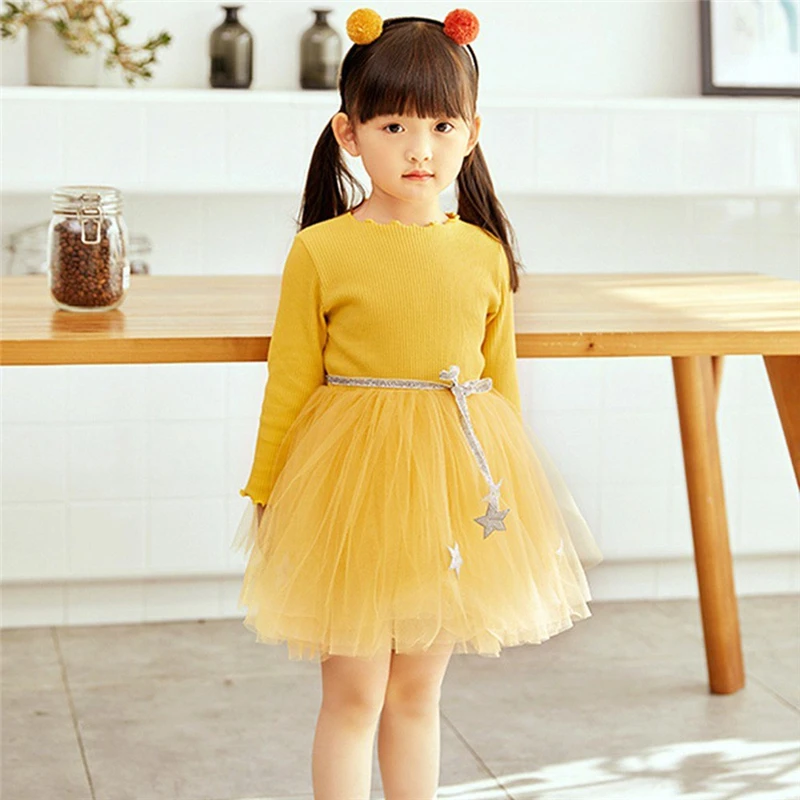 2019 Arrival Toddler Kids Baby Girls Solid Patchwork Bow Stars Princess Dress Clothes Newborn Baby Girl Clothes Cotton V8@ (1)
