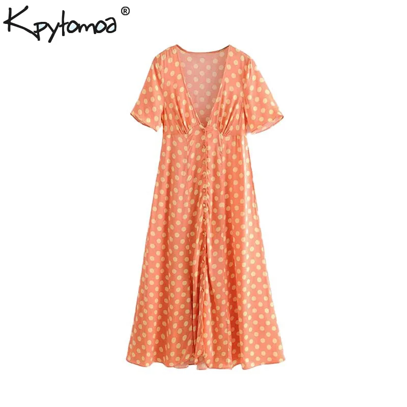 

Vintage Stylish Polka Dot Buttons Midi Dress Women 2019 Fashion V Neck Short Sleeve Pleated Dresses Casual Vestidos Mujer