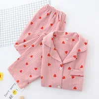 Spring New Ladies Pajamas Set Heart Printed Crepe Cotton Double-layer Gauze Turn-down Collar Long-sleeve Trousers Household Wear - Image 4