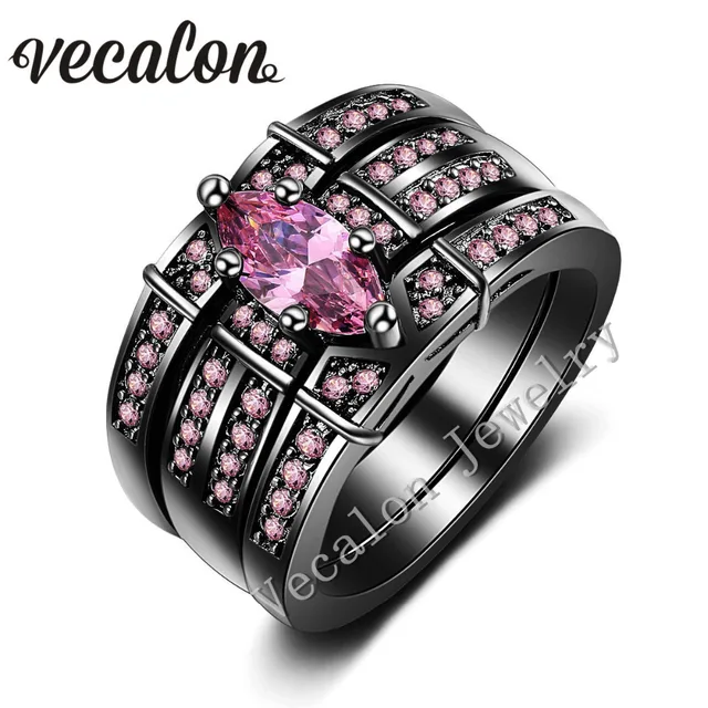 vecalon women wedding band ring set marquise cut 3ct pink stone aaaaa zircon cz 14kt black - Black And Pink Wedding Ring Sets vecalon women wedding band ring set marquise cut 3ct pink stone aaaaa zircon cz 14kt black - Black And Pink Wedding Ring Sets