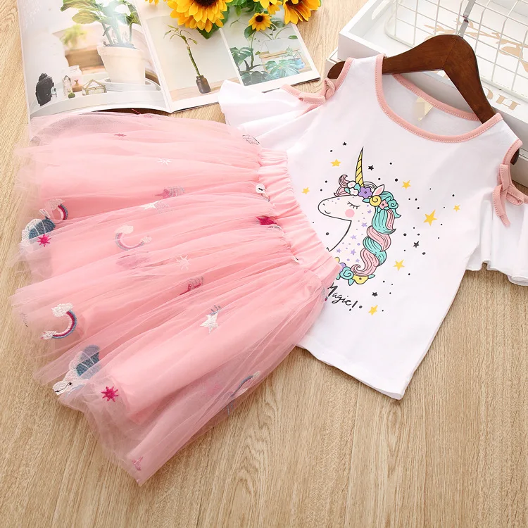 Toddler Kids Baby Girls Clothes Unicorn T-Shirt+Tulle Skirt 2PCS Birthday Outfits Suit Kids Children Summer Clothing Sets