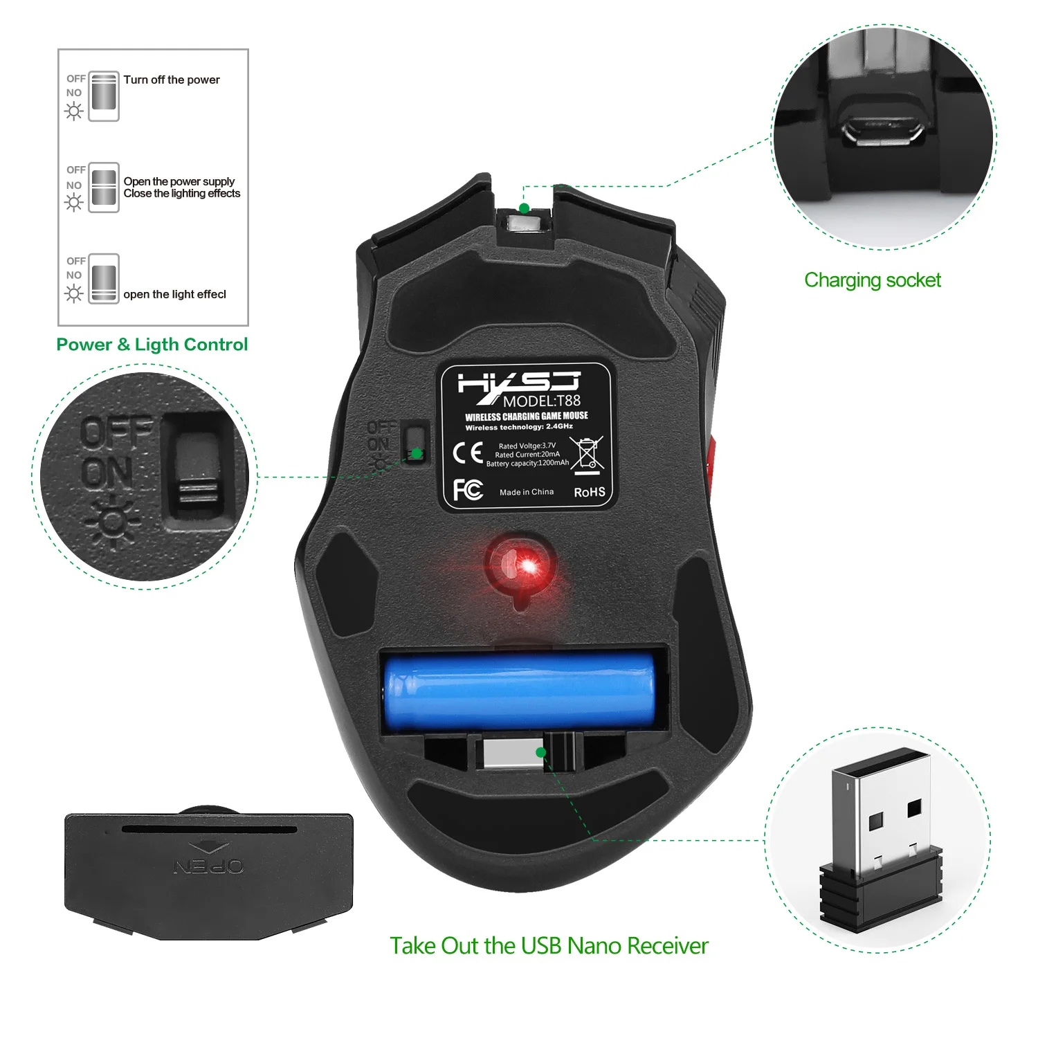 HXSJ USB Беспроводной Мышь 2,4 ГГц Перезаряжаемые игровой Мышь эргономичный дизайн 4800 Точек на дюйм, 7 цветов, мыши с подсветкой для ноутбука/дома/офиса