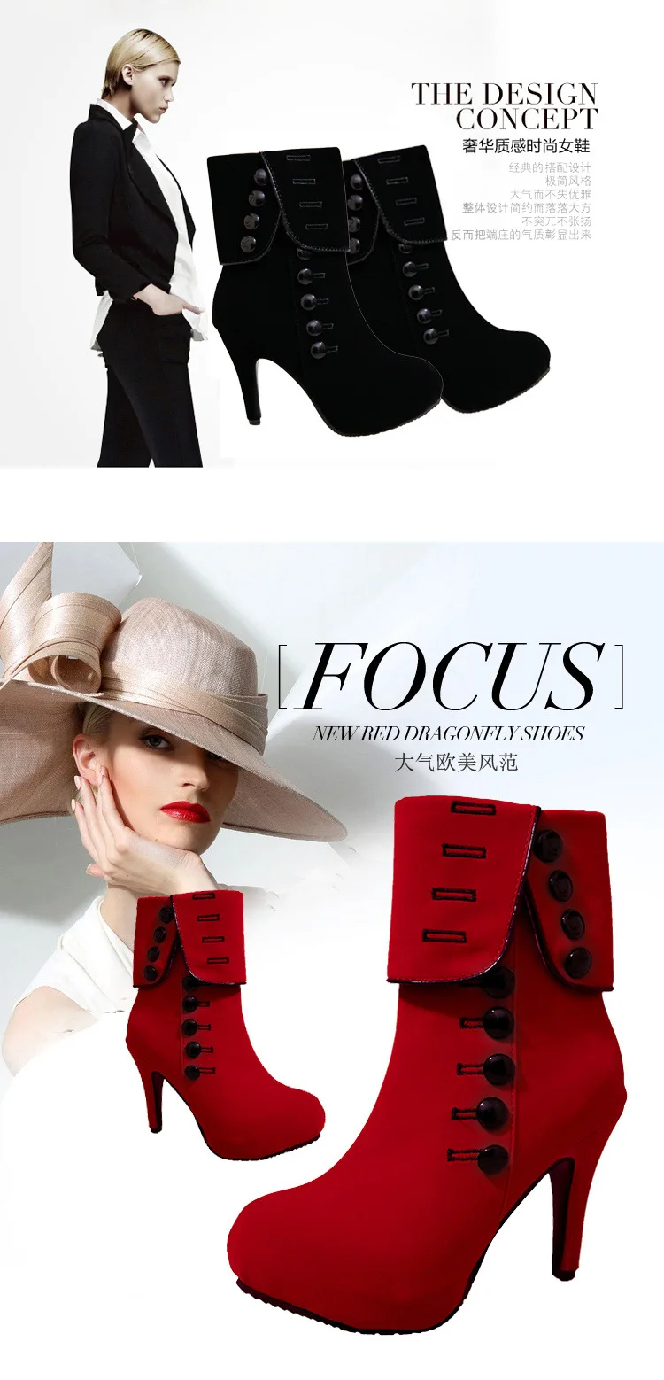 Fashion Women Ankle Boots High Heels Fashion Red Shoes Woman Platform Flock Buckle Boots Ladies Shoes Female PLUE 42