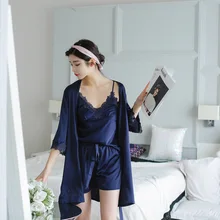 Пикантный Шелковый Атласный пижамный комплект, кружевной комплект для сна, модная Домашняя одежда, v-образная Пижама, Халат+ топ+ штаны, комплект из 3 предметов для женщин