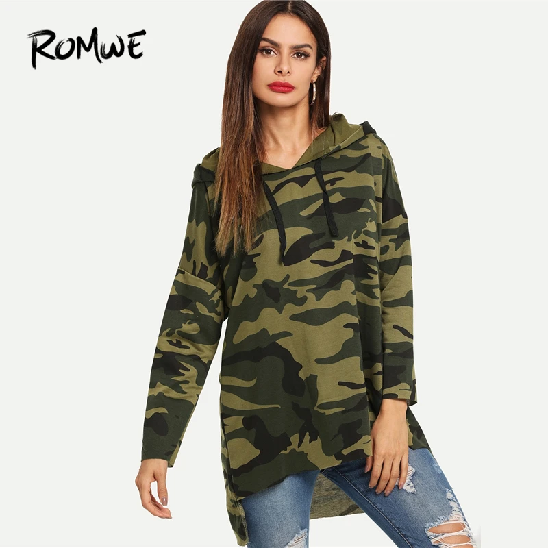 ROMWE Asymmetrical Hem Hooded Camo Sweatshirt 2019 Fashion