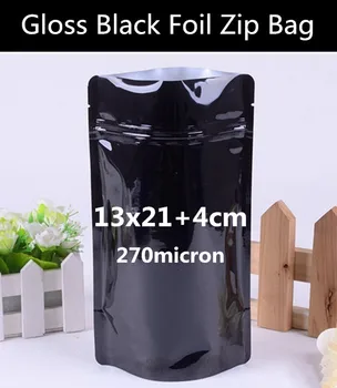 

50pcs 13cm*21cm+4cm(Bottom) 270mic Black Aluminizing(VMPET) Bags Black Stand Up Zipper Bag Resealable Retail Bag