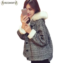 Короткие шерстяные пальто для женщин зима клетчатые свободные пальто с длинным рукавом и капюшоном меховой воротник Толстая шерстяная куртка женская верхняя одежда HP154