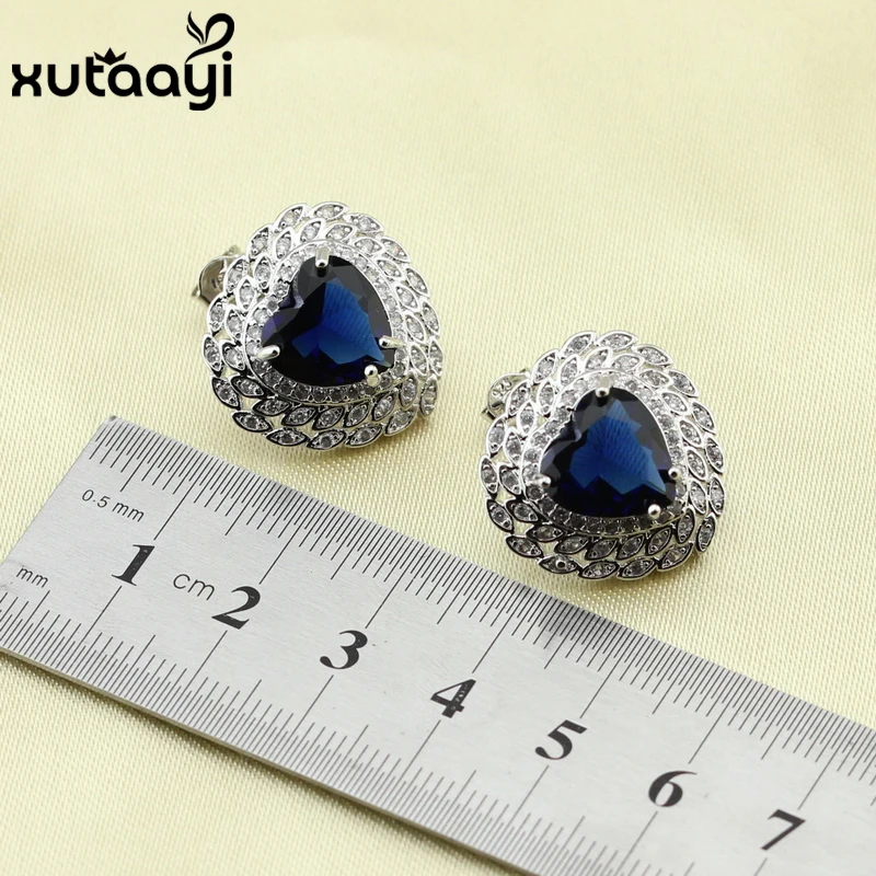 XUTAAYI Top Quality 925 Silver Jewelry Sets Blue Created Sapphired Flawless Necklace/Rings/Earrings/Bracelet For women - Image 4